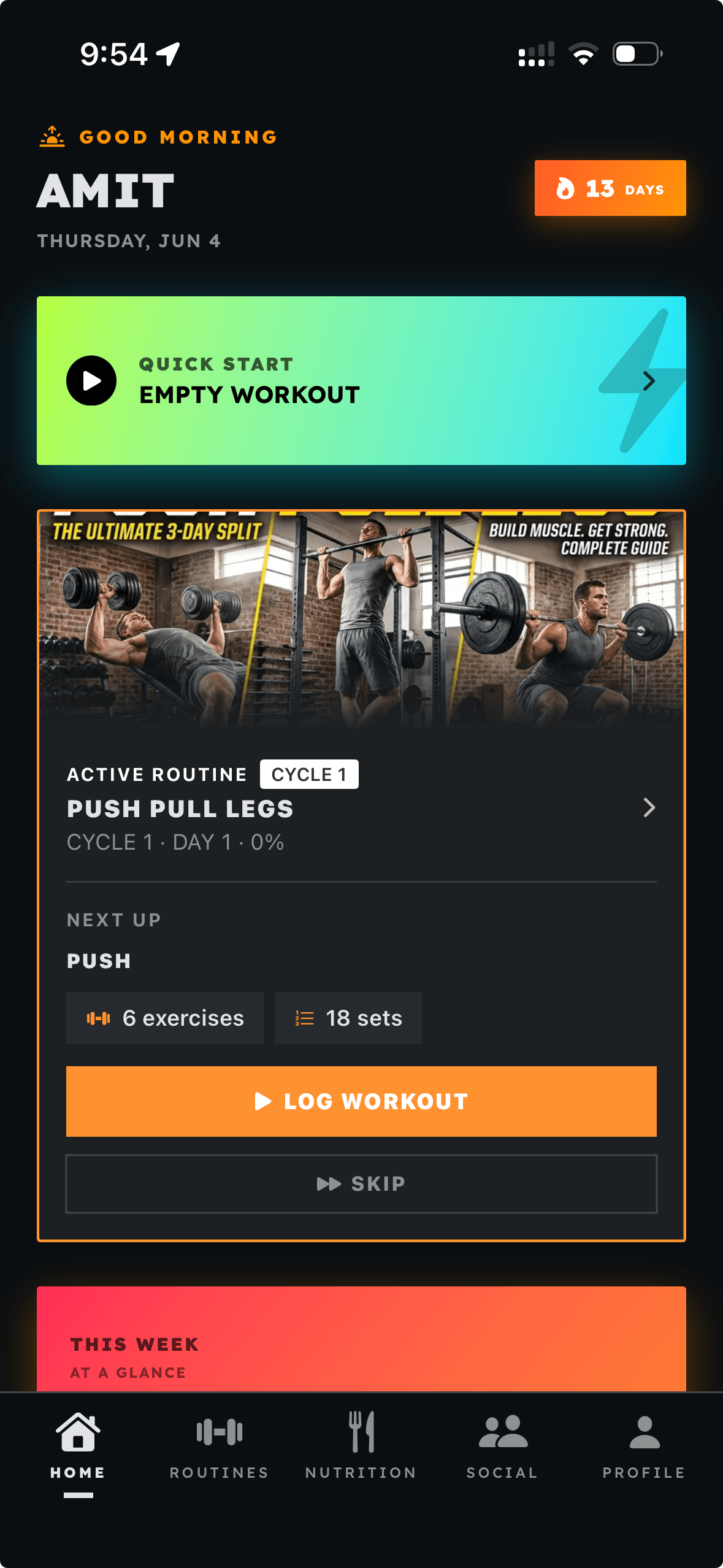 Grind Track home dashboard showing the daily greeting, streak, quick start, and the active routine card.