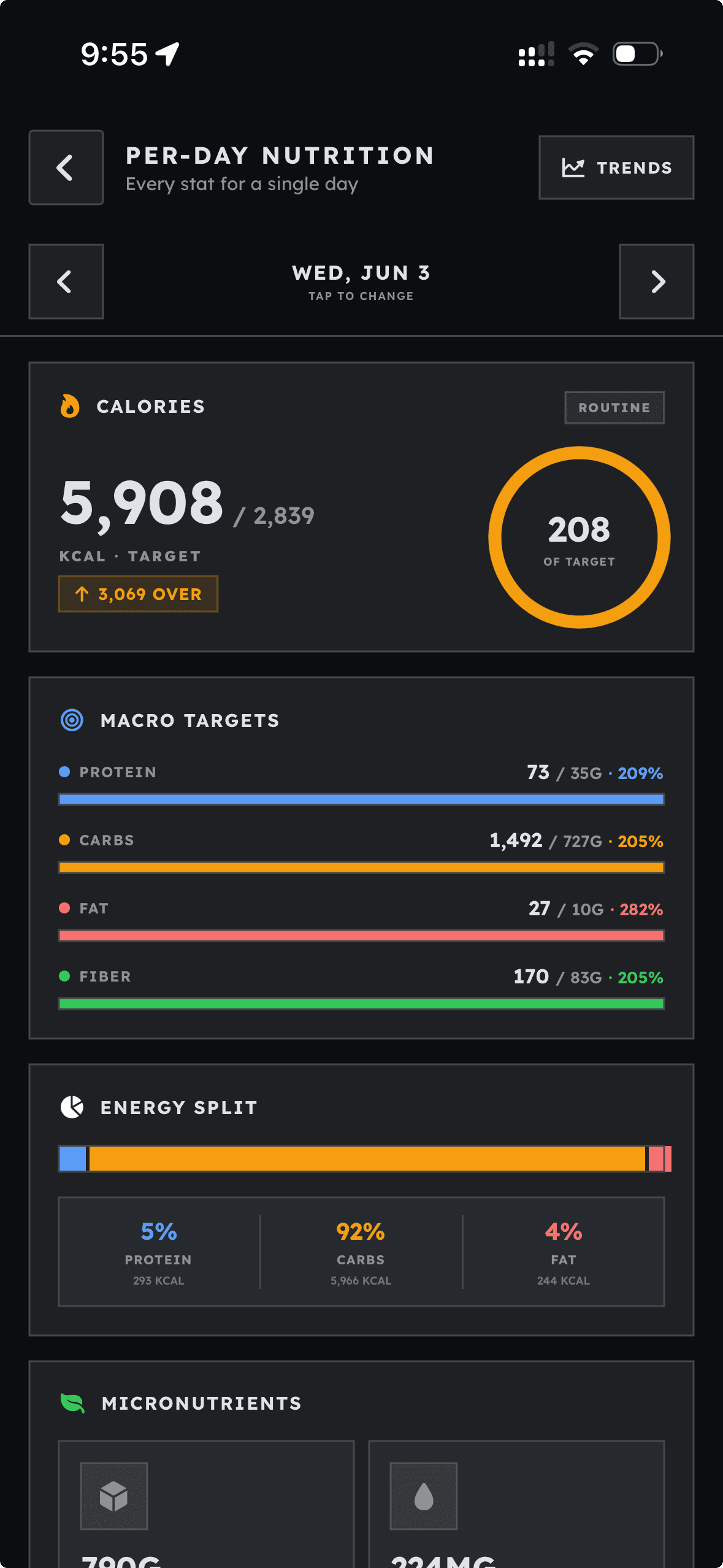 Grind Track per-day nutrition breakdown with calorie target, macro targets, and energy split.