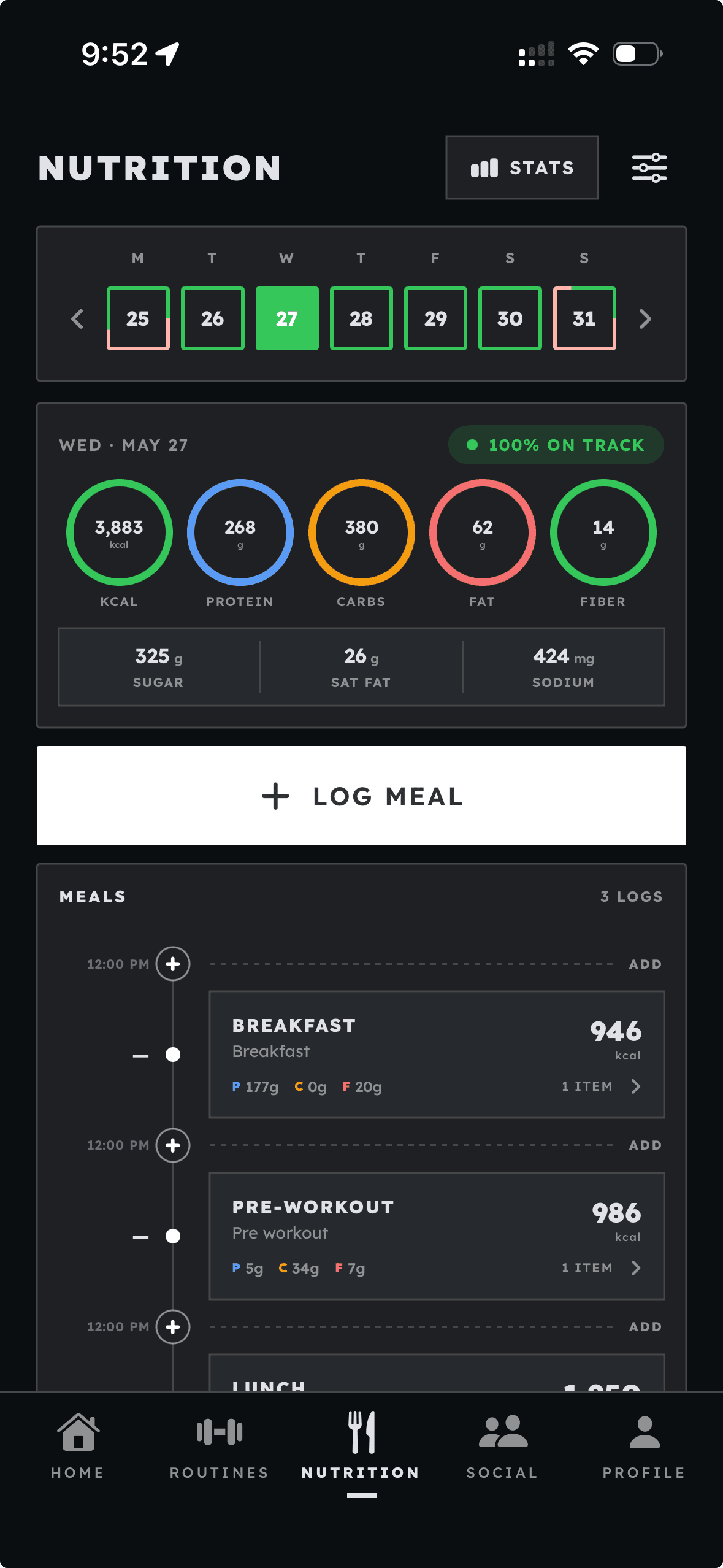 Grind Track nutrition dashboard with calorie and macro rings and the day's logged meals.
